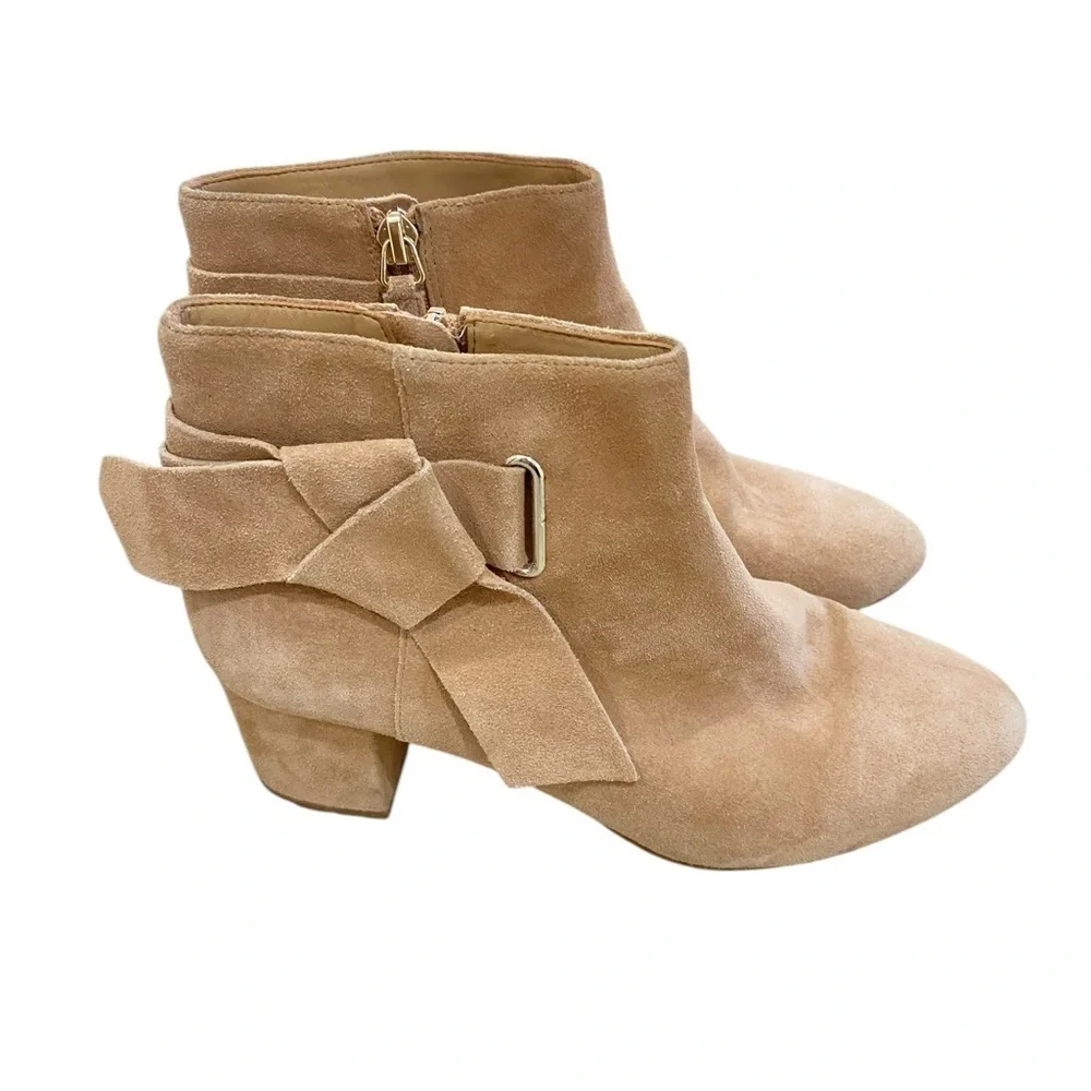 Talbots 100% leather suede ankle tan zip up booties folded bow round toe size 6